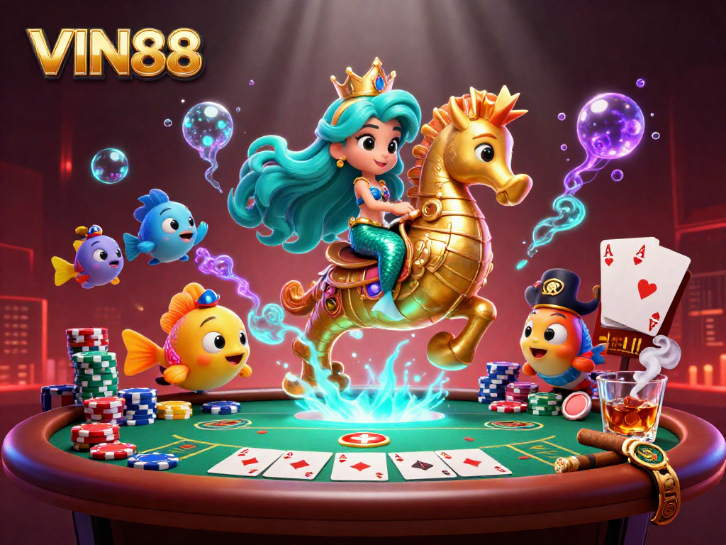 Gameplay excitement at VIN88 with mermaid and seahorse in a poker scene.