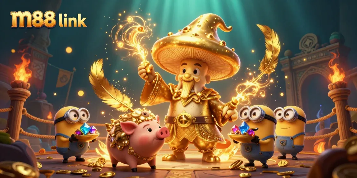 Experience the magic of m88 link with the enchanting golden wizard and treasure-hunting pig.