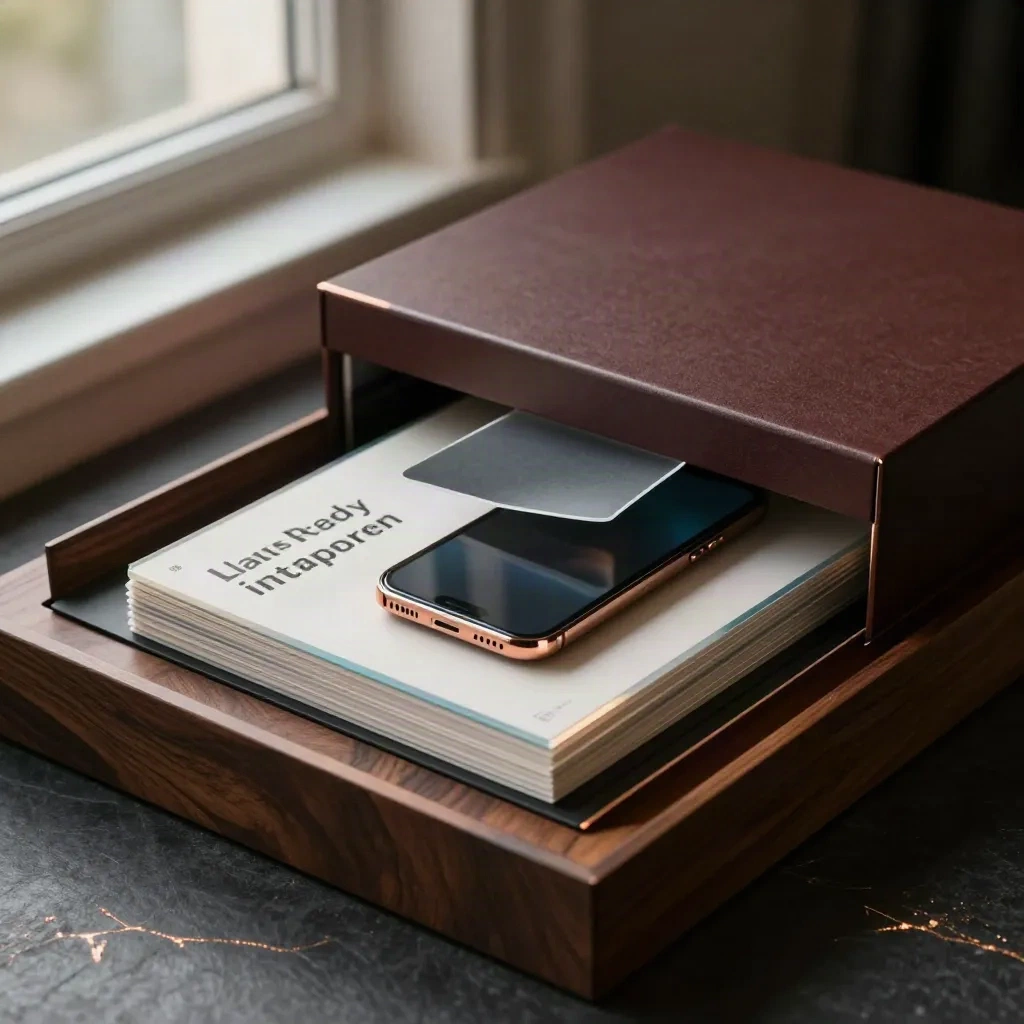 Sada pro startup v krabici, akrylové karty, otočený telefon a složka na tmavém podkladu.