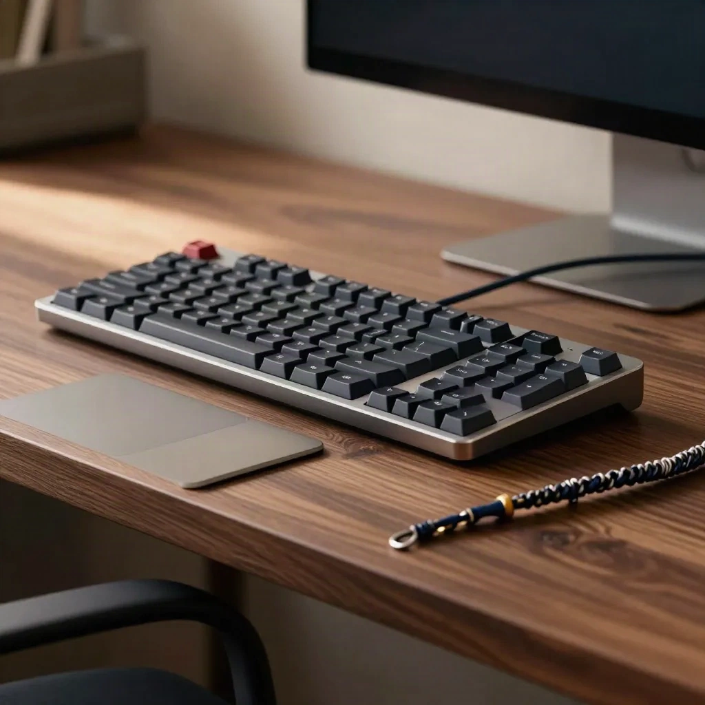 Stylová pracovní plocha webdesignéra: klávesnice, vypnutý monitor, kabel a trackpad v dramatickém světle.
