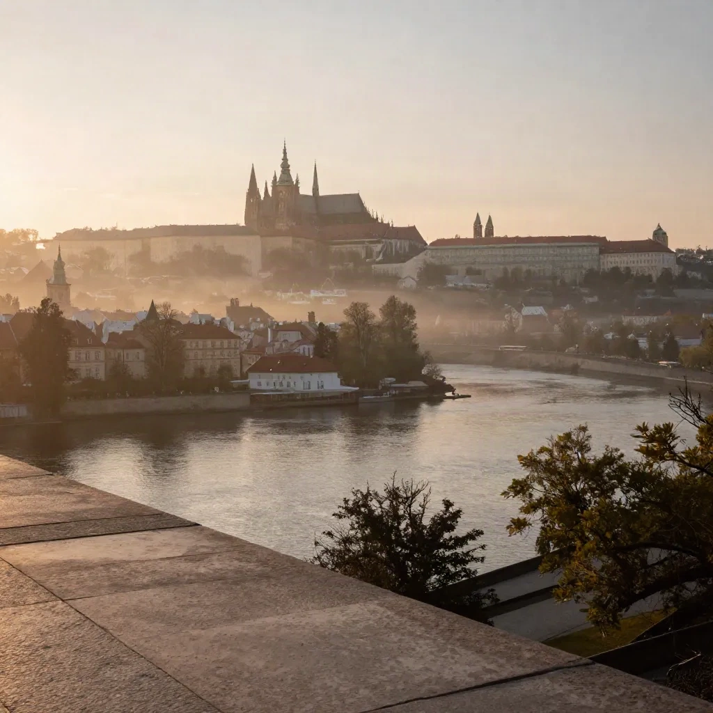 Pohled na Pražský hrad nad mlhou nad Vltavou při svítání z Letné.