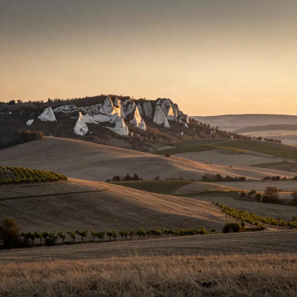 Mikulov a Pálava v oparu nad vinicemi při západu slunce.