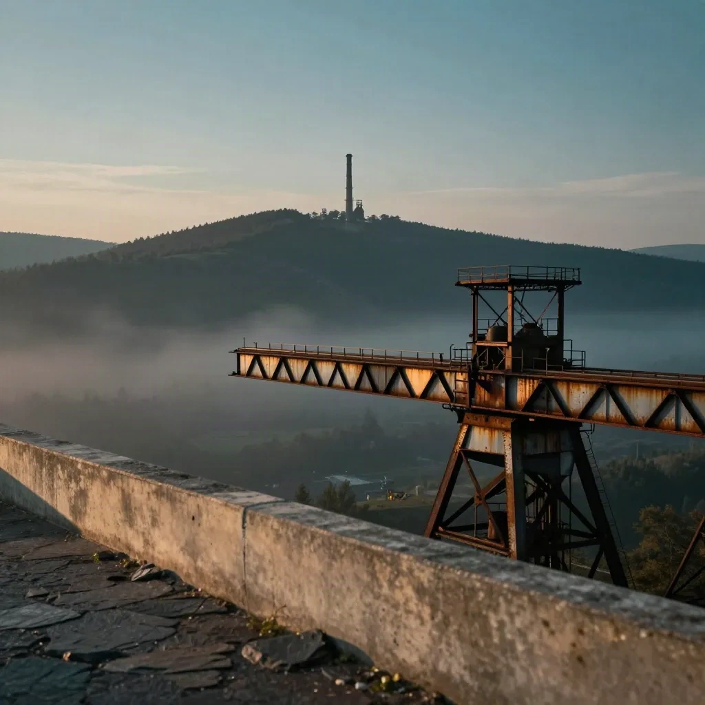 Dolní Vítkovice v mlze nad Beskydami za modrého soumraku.