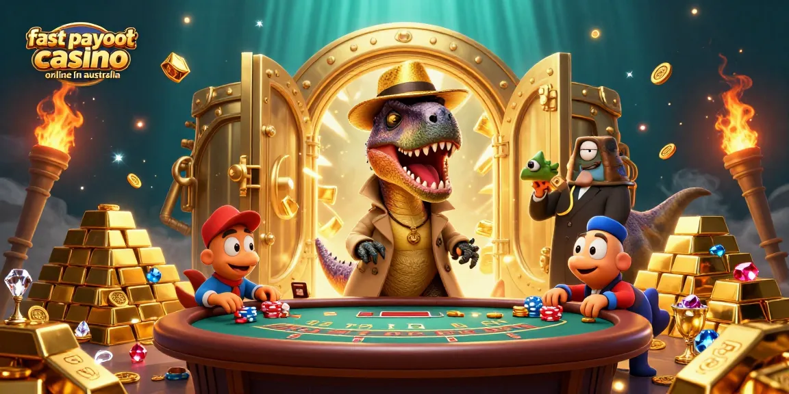 Experience fast payouts at a dynamic scene featuring a velociraptor at a casino.