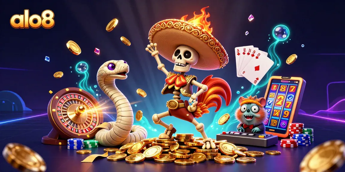 Spin and win at ALO8 with vibrant casino-themed 3D illustration featuring thrilling game elements.