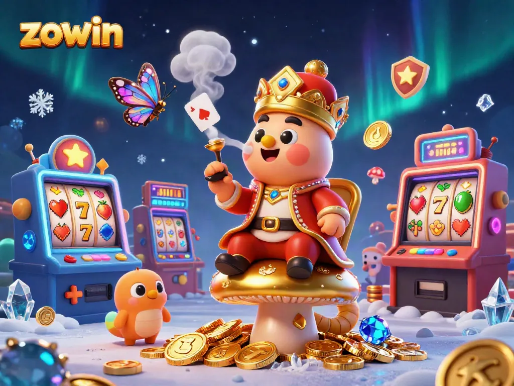 Zowin attracts players with vibrant scenes featuring slot machines, coins, and a whimsical caterpillar character.