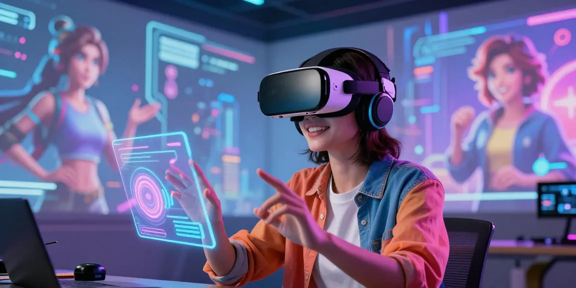Engaging with nsfw ai in a vibrant virtual reality setting featuring character designs and holographic elements.