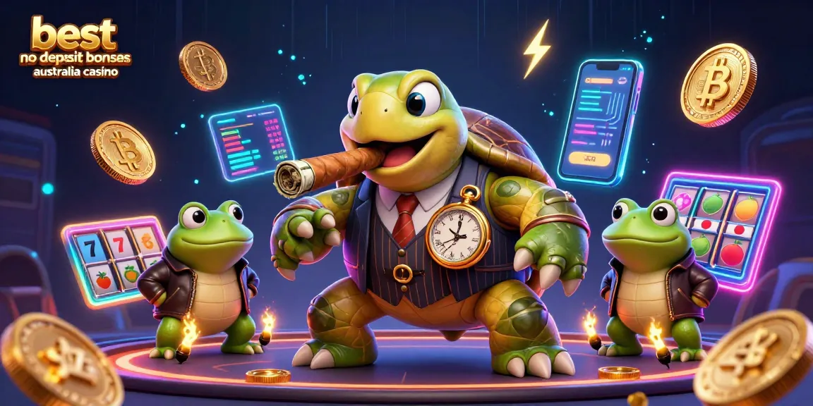Experience the best no deposit bonuses Australia casino with a vibrant 3D illustration featuring a snapping turtle and bullfrog enforcers.