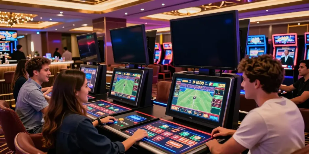 Engaging online gaming environment at https://red88.limited/ featuring diverse group using digital betting terminals in a modern casino.