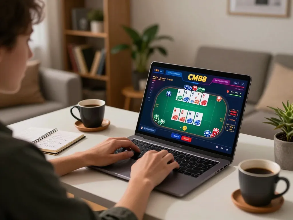 Player engaging in CM88 online casino poker game from a stylish home setup, showing laptop, chips, and betting notes.
