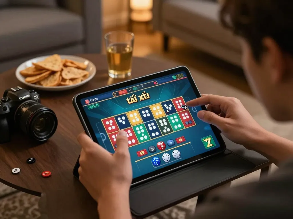 Engaged player enjoying game tài xỉu on a tablet, showcasing strategic betting in a cozy setting.