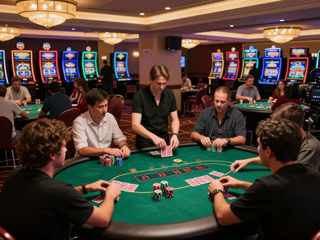 Players enjoying strategic poker gameplay at RR88 casino, vibrant atmosphere with dealer managing bets