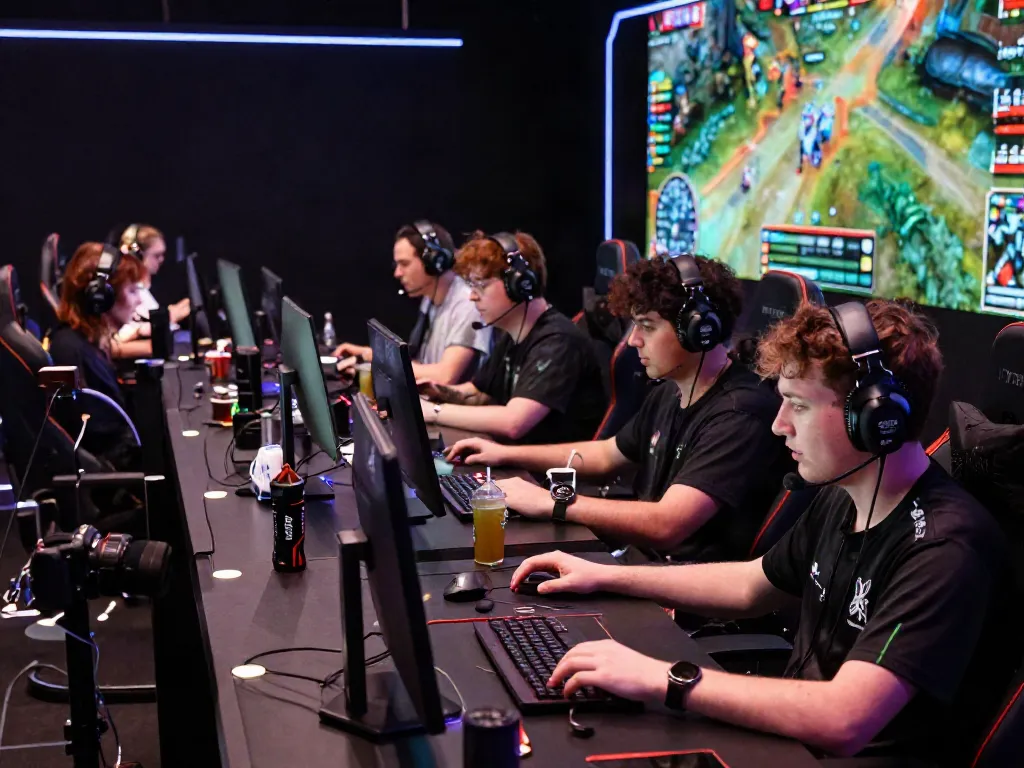 Competitive gamers engaged in esports at https://ku88vt.com/, showcasing intense focus and teamwork in a high-tech setting.