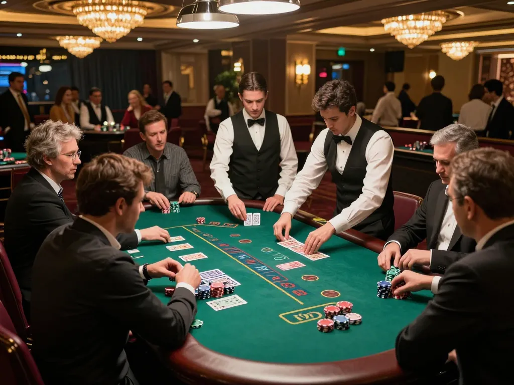 Players strategizing winning bets on keonhacaii's blackjack table in a luxurious casino atmosphere