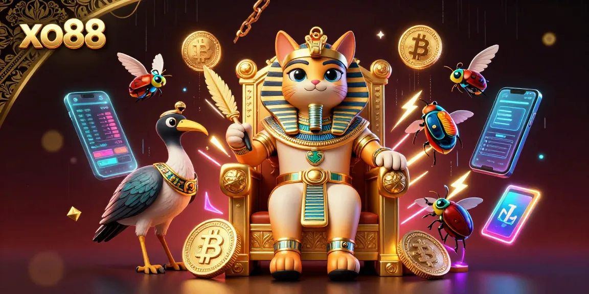 Engage with the premium xo88 casino experience featuring a pharaoh cat and crypto elements.