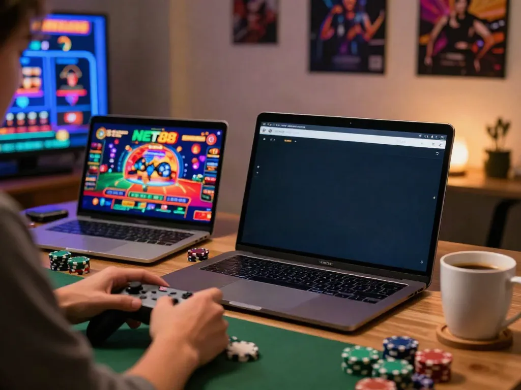 Experience gaming excitement with NET88 platform on a laptop in a cozy workspace.