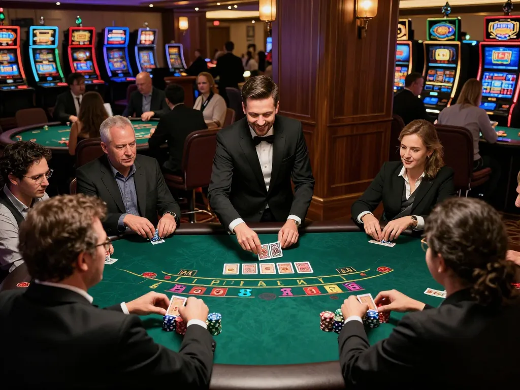 Players enjoying an engaging blackjack game at qq88 casino, chips in play and cards being dealt.
