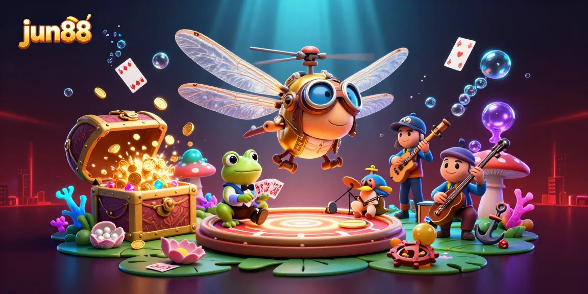 Engage in thrilling gaming at jun88 with vibrant scenes featuring a frog croupier and dragonfly pilot.