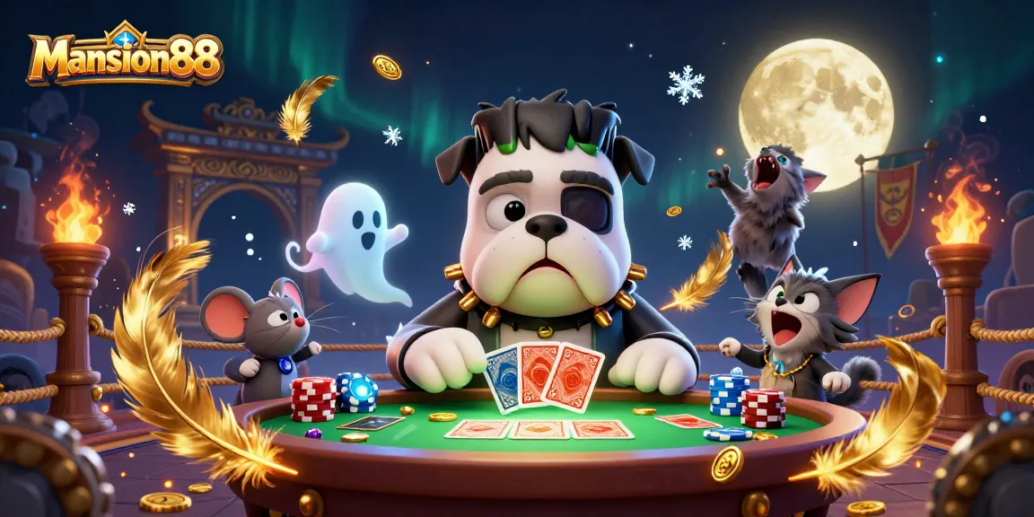 Mansion88 showcases a thrilling table game scene with a Frankenstein bulldog dealing cards among gold coins