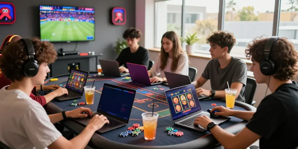 Friends enjoying a gaming night at DA88, playing slots and sports betting.
