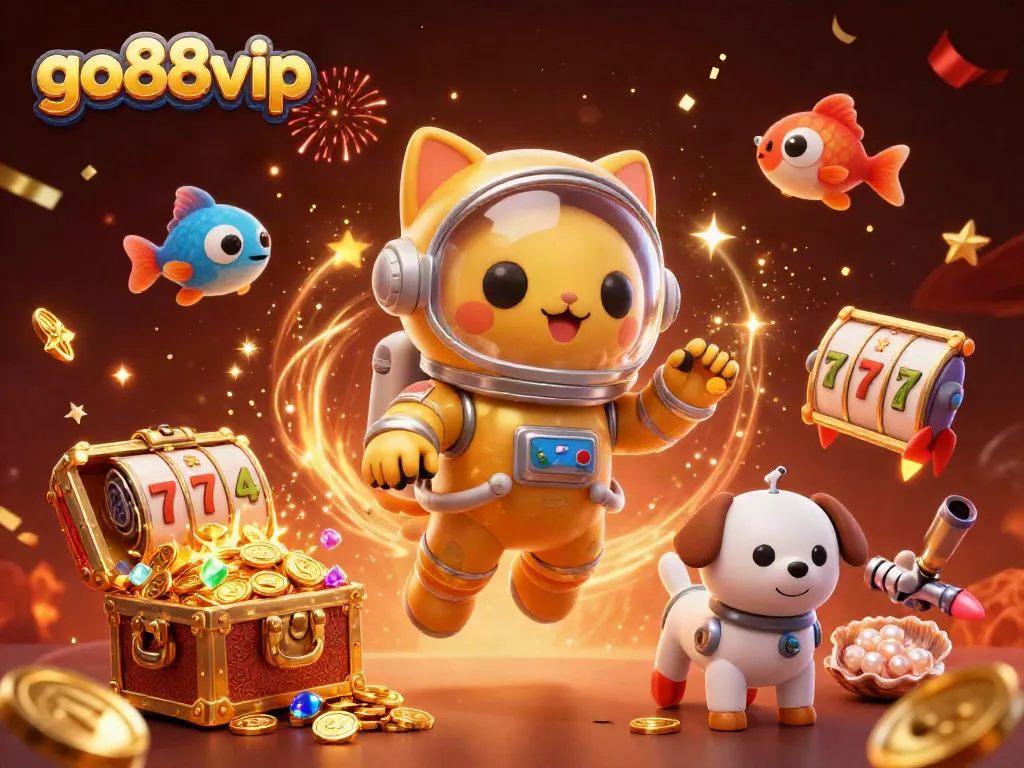 Watch the go88vip-themed space adventure featuring a playful astronaut cat and robot dog in a cosmic casino scene.