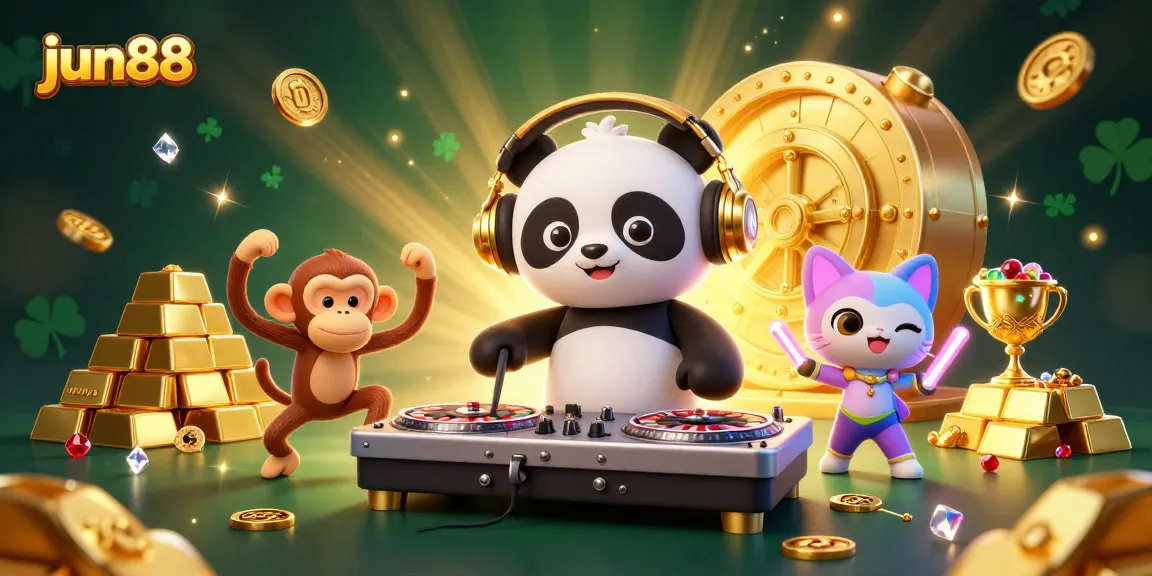 Experience thrilling gameplay at jun88; DJ panda spinning roulette wheels amidst a vibrant treasure cave.