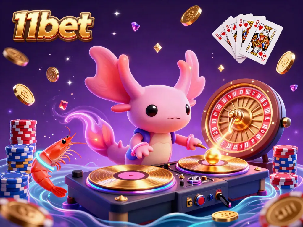 Engage with 11bet's vibrant gaming world through a neon-colored axolotl DJ amidst dazzling casino elements.