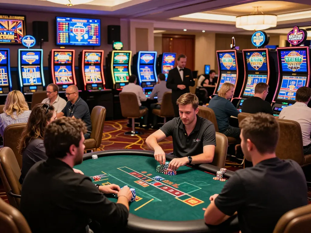 Exciting MM88 online casino scene with players celebrating wins and vibrant gaming tables