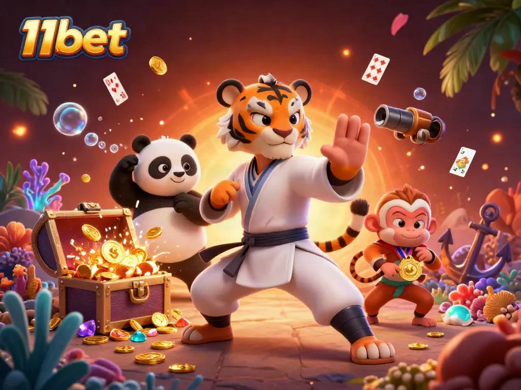 Experience thrilling gameplay at 11bet with engaging characters and vibrant casino elements in a dynamic scene.
