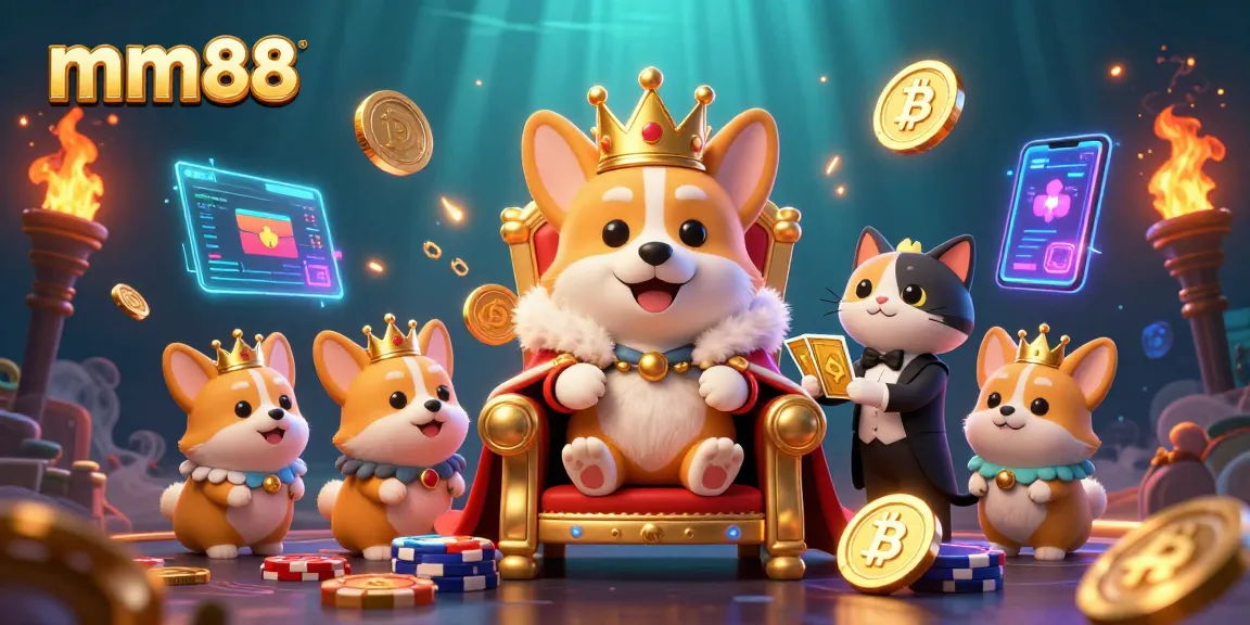Experience exciting games at mm88 casino with vibrant characters, glowing cryptocurrency coins, and dynamic gaming elements.
