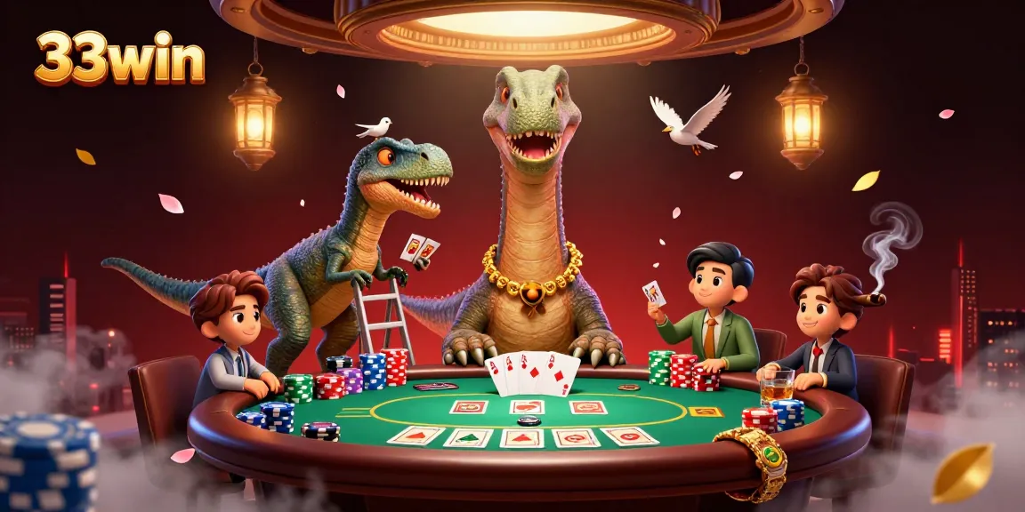 Experience thrilling gaming at 33win with a giant dinosaur overseeing an exciting poker game.