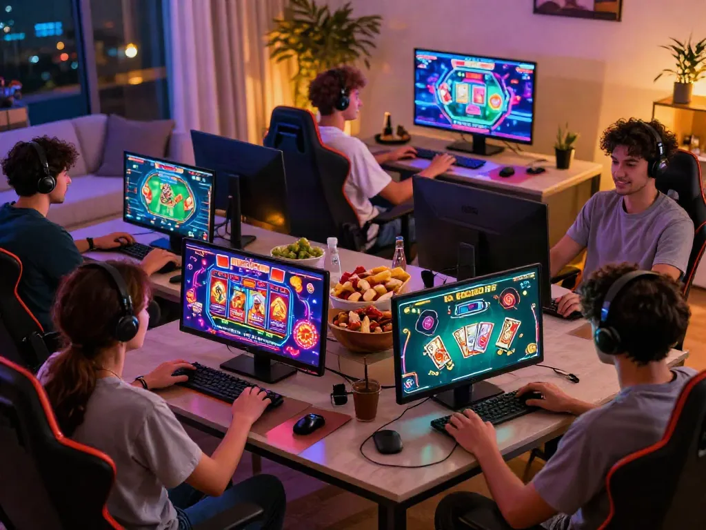 Exciting gaming group enjoying the hitclub experience in a lively modern living room.