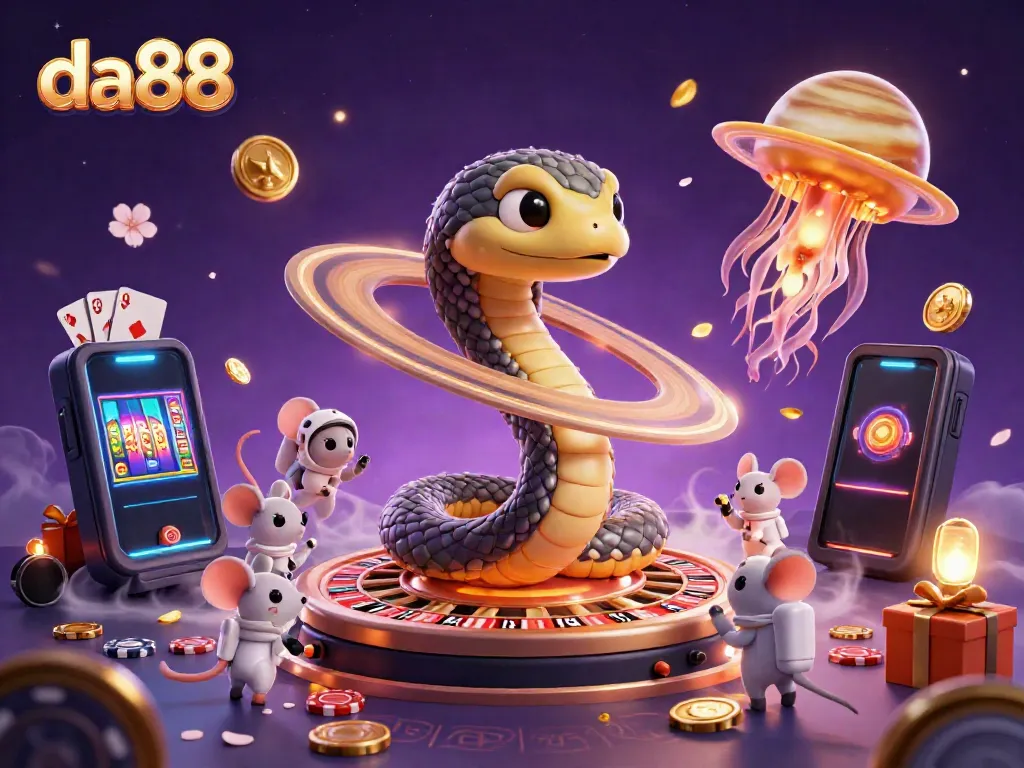 Experience the excitement of da88 with a vibrant 3D casino scene featuring a Saturn ring snake as a roulette wheel.
