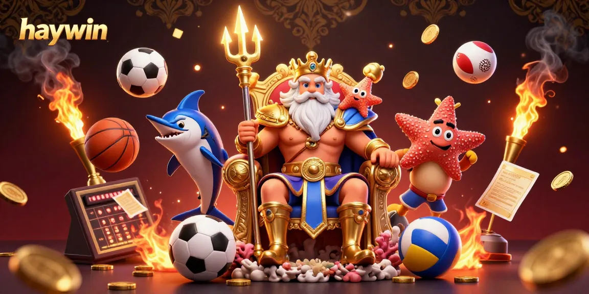 Experience thrilling sports betting excitement with haywin in this vibrant 3D casino illustration featuring Neptune and dynamic game elements.