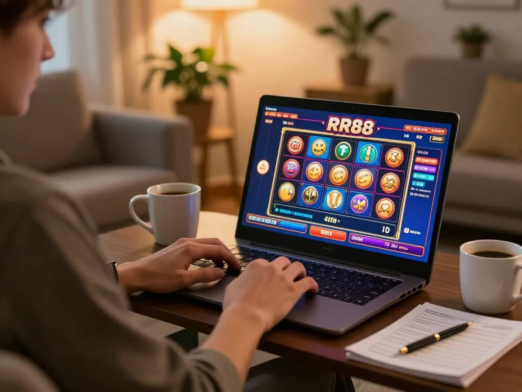 Engaged player enjoying RR88 online gaming experience on a cozy couch, showcasing winning strategies.