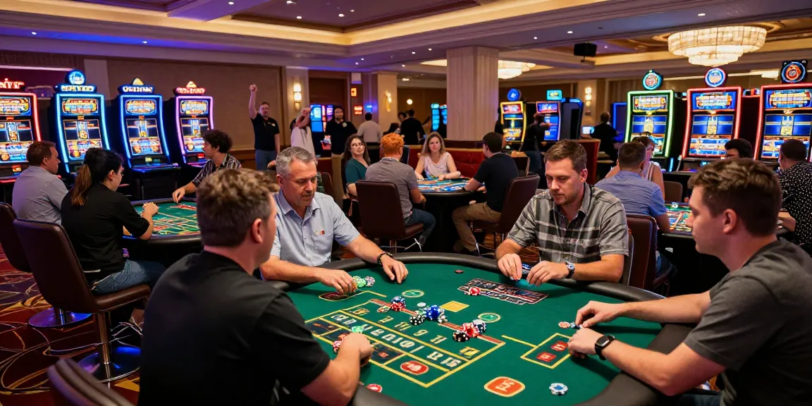 Scena coinvolgente di casinò non AAMS con giocatori diversi che si divertono con i giochi, atmosfera vivace, fiches brillanti e decorazioni vive per un'esperienza immersiva.