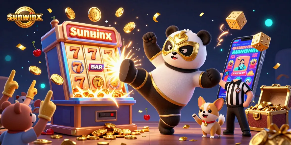 Experience thrilling wins with sunwinx as a panda wrestler kicks above a chaotic casino scene.