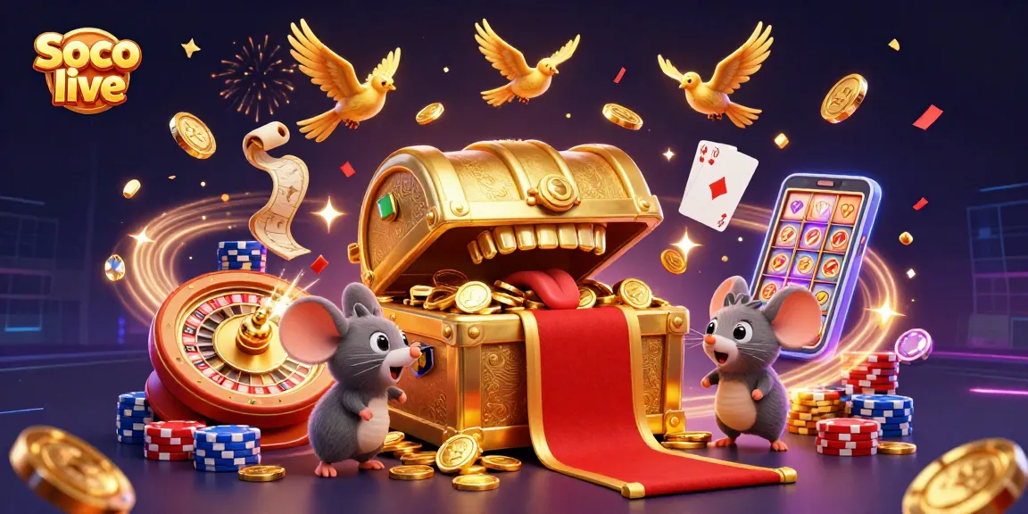 Soco live engages with gold-tinged treasures and animated gambling elements in an immersive 3D illustration