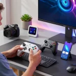 Explore innovative tech gadgets in a modern workspace featuring Bluetooth gaming controllers, smart devices, and wellness tech.