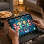 Engaged player enjoying game tài xỉu on a tablet, showcasing strategic betting in a cozy setting.