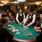 Players strategizing winning bets on keonhacaii's blackjack table in a luxurious casino atmosphere