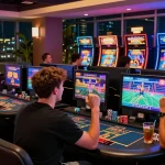Aufregendes Gameplay in einem Paysafe Card Casino mit Freunden, die Gewinne feiern, und lebhaften Spielautomaten.
