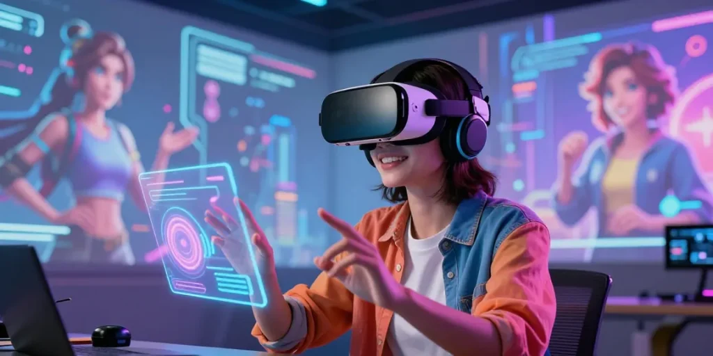 Engaging with nsfw ai in a vibrant virtual reality setting featuring character designs and holographic elements.