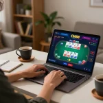 Player engaging in CM88 online casino poker game from a stylish home setup, showing laptop, chips, and betting notes.