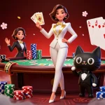 Erleben Sie spannendes Gameplay in einem Paysafe Card Casino mit unserem glamourösen Dealer und einer adorablen Katze.