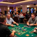Scena coinvolgente di casinò non AAMS con giocatori diversi che si divertono con i giochi, atmosfera vivace, fiches brillanti e decorazioni vive per un'esperienza immersiva.