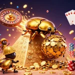 Enjoy thrilling moments with gg88 as golden beetles roll coins in a vibrant casino landscape.