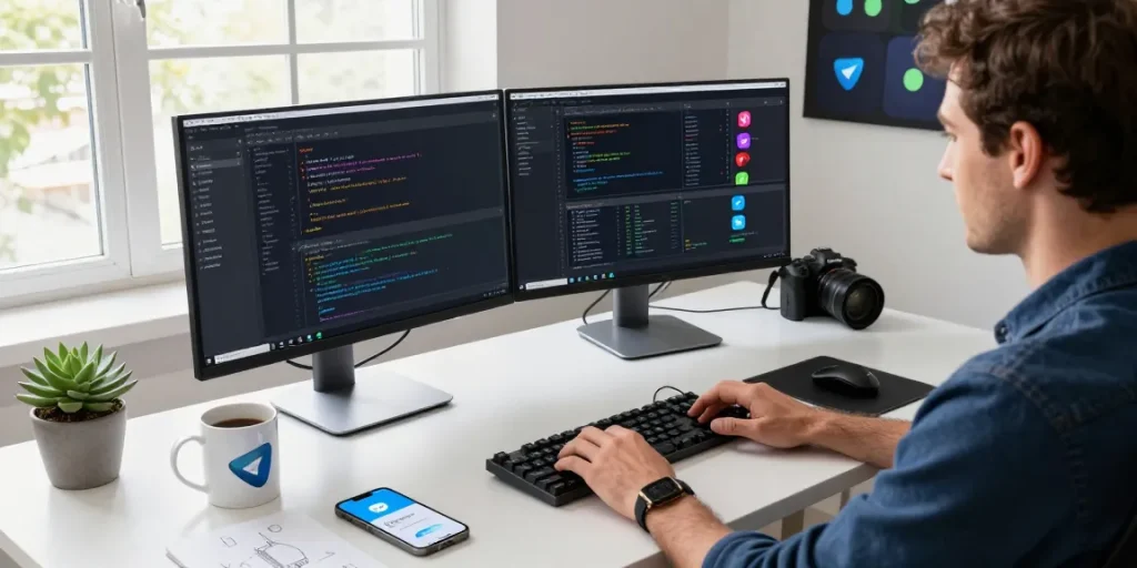 Download Telegram with a developer optimizing the app in a bright tech workspace, showcasing innovation and engagement.