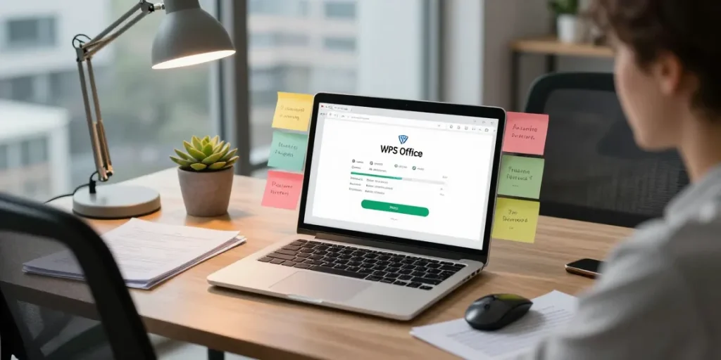 WPS Download interface displayed on a laptop screen in a modern workspace setup with vibrant elements.