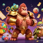Experience thrilling wins with sl888 indonesia in this vibrant 3D illustration featuring a gorilla king and dynamic game elements.